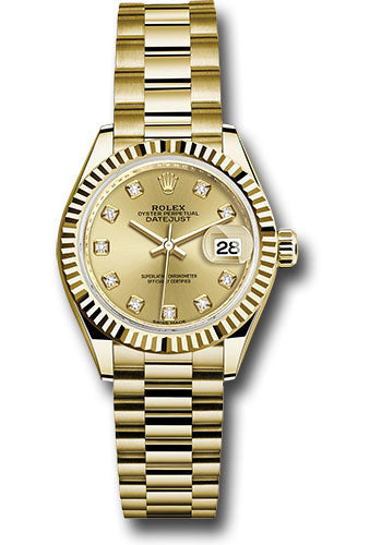*Pre-Owned* Rolex Yellow Gold Lady-Datejust 28 Watch - Fluted Bezel - Champagne Diamond Dial - President Bracelet