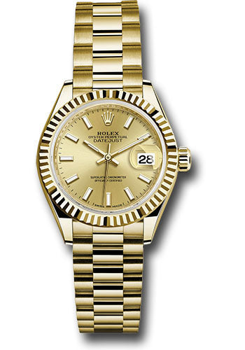 *Pre-Owned* Rolex Yellow Gold Lady-Datejust 28 Watch - Fluted Bezel - Champagne Index Dial - President Bracelet
