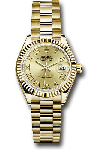 *Pre-Owned* Rolex Yellow Gold Lady-Datejust 28 Watch - Fluted Bezel - Champagne Roman Dial - President Bracelet
