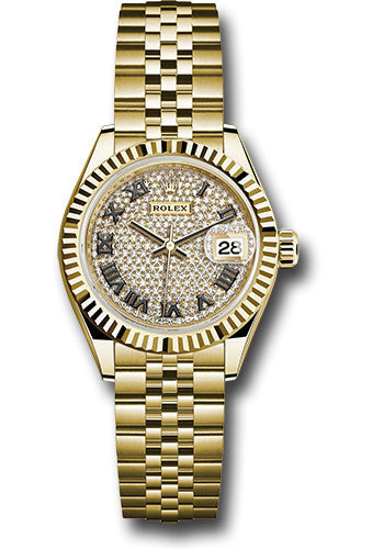*Pre-Owned* Rolex Yellow Gold Lady-Datejust 28 Watch - Fluted Bezel - Diamond Paved Roman Dial - Jubilee Bracelet
