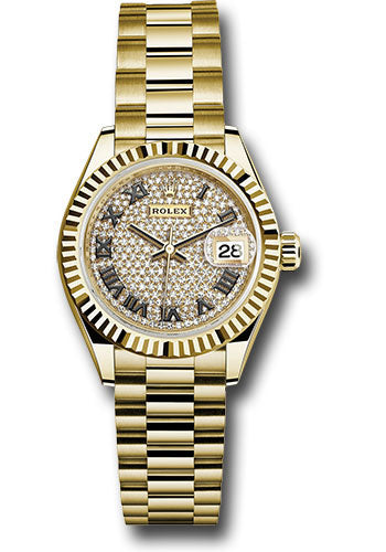 *Pre-Owned* Rolex Yellow Gold Lady-Datejust 28 Watch - Fluted Bezel - Diamond Paved Roman Dial - President Bracelet