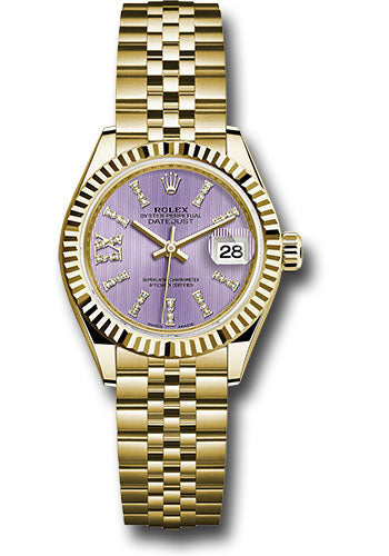 *Pre-Owned* Rolex Yellow Gold Lady-Datejust 28 Watch - Fluted Bezel - Lilac Stripe Diamond Index Dial - Jubilee Bracelet