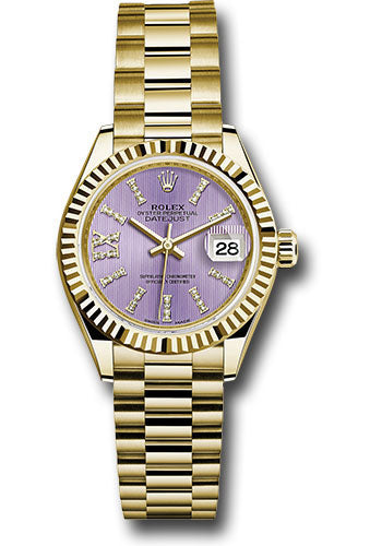 *Pre-Owned* Rolex Yellow Gold Lady-Datejust 28 Watch - Fluted Bezel - Lilac Stripe Diamond Index Dial - President Bracelet