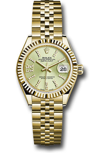 *Pre-Owned* Rolex Yellow Gold Lady-Datejust 28 Watch - Fluted Bezel - Linden Green Strip Diamond Index Dial - Jubilee Bracelet
