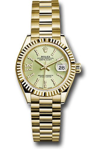 *Pre-Owned* Rolex Yellow Gold Lady-Datejust 28 Watch - Fluted Bezel - Linden Green Strip Diamond Index Dial - President Bracelet