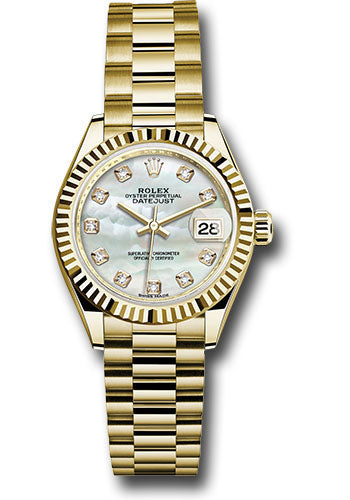 *Pre-Owned* Rolex Yellow Gold Lady-Datejust 28 Watch - Fluted Bezel - Mother-of-Pearl Diamond Dial - President Bracelet