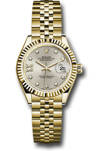 *Pre-Owned* Rolex Yellow Gold Lady-Datejust 28 Watch - Fluted Bezel - Silver Diamond Star Dial - Jubilee Bracelet
