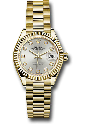 *Pre-Owned* Rolex Yellow Gold Lady-Datejust Watch - Fluted Bezel - Silver Diamond Dial - President Bracelet