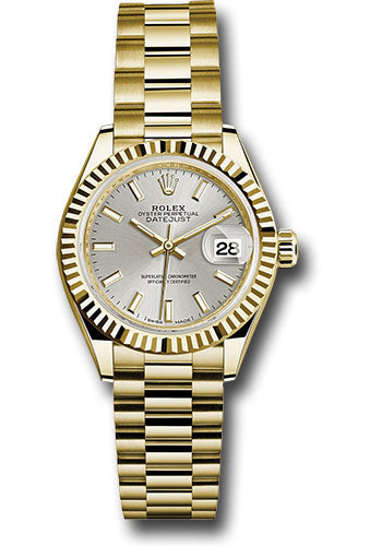 *Pre-Owned* Rolex Yellow Gold Lady-Datejust 28 Watch - Fluted Bezel - Silver Index Dial - President Bracelet