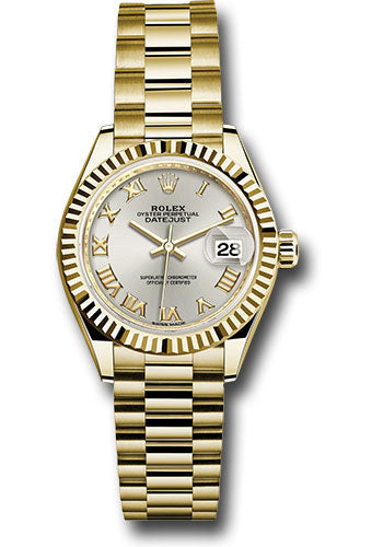 *Pre-Owned* Rolex Yellow Gold Lady-Datejust 28 Watch - Fluted Bezel - Silver Roman Dial - President Bracelet