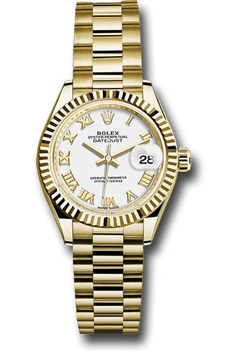 *Pre-Owned* Rolex Yellow Gold Lady-Datejust 28 Watch - Fluted Bezel - White Roman Dial - President Bracelet