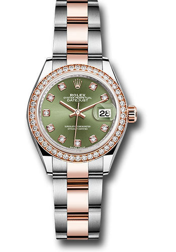 *Pre-Owned* Rolex Steel and Everose Gold Rolesor Lady-Datejust 28 Watch - Diamond Bezel - Olive Green Diamond Dial - Oyster Bracelet