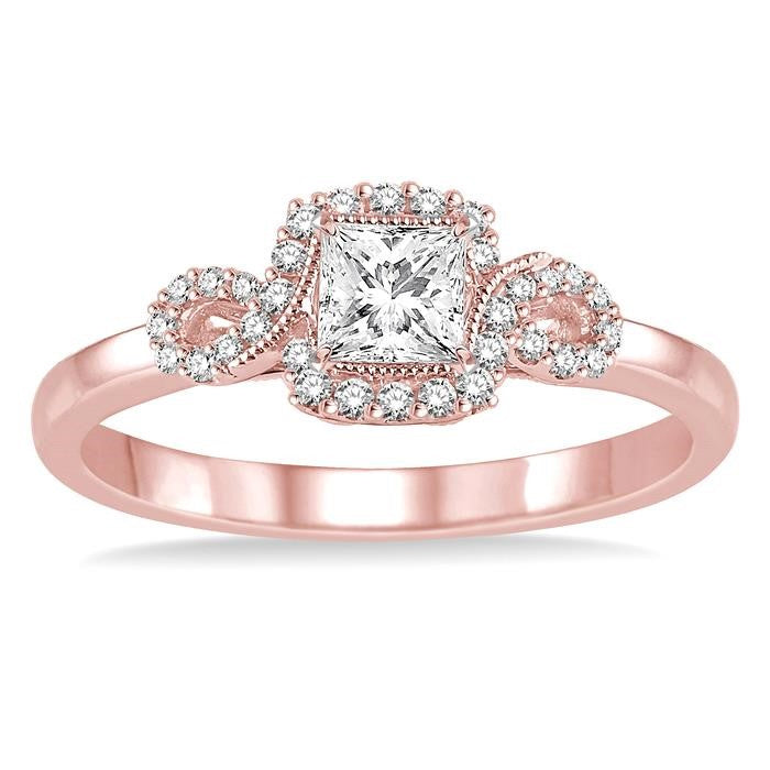 3/8 Ctw Diamond Engagement Ring with 1/5 Ct Princess Cut Center Stone in 14K Rose Gold