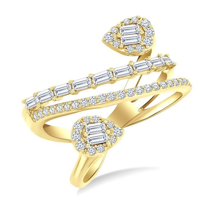 3/4 Ctw Pear Shape Fusion Baguette and Round Cut Diamond Fashion Wrap Ring in 14K Yellow Gold
