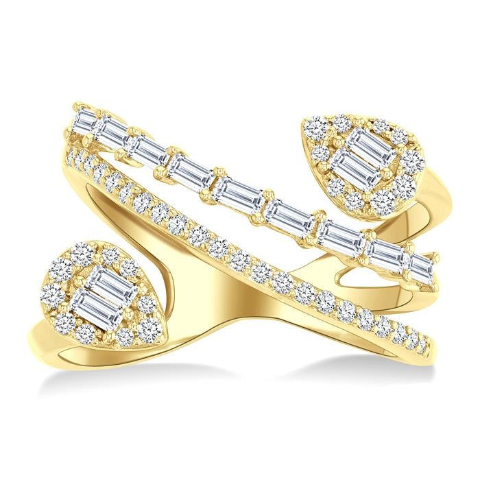 3/4 Ctw Pear Shape Fusion Baguette and Round Cut Diamond Fashion Wrap Ring in 14K Yellow Gold