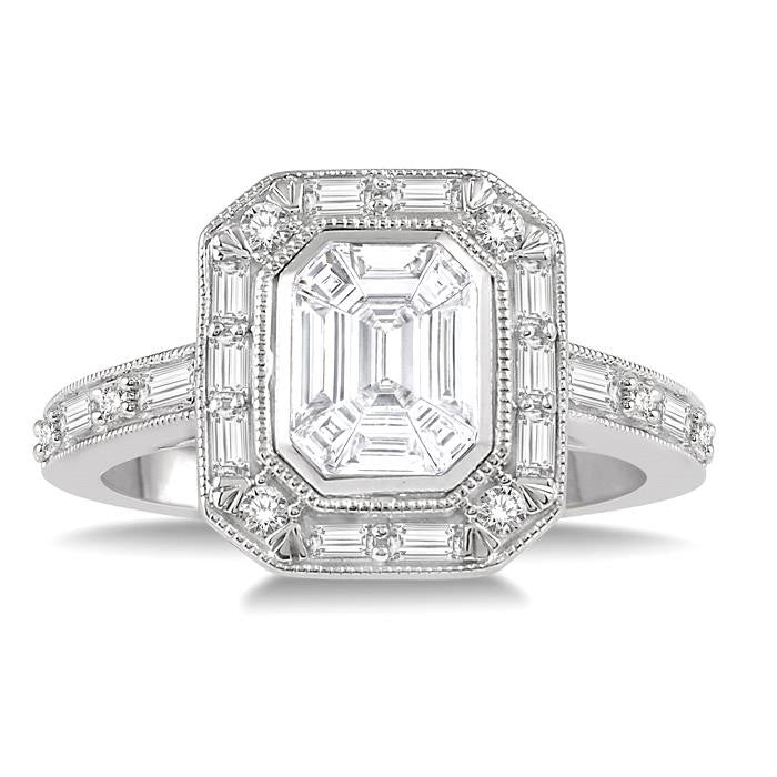 1 Ctw Fusion Emerald Cut, Baguette & Round Cut Diamond Ring in 14K White Gold