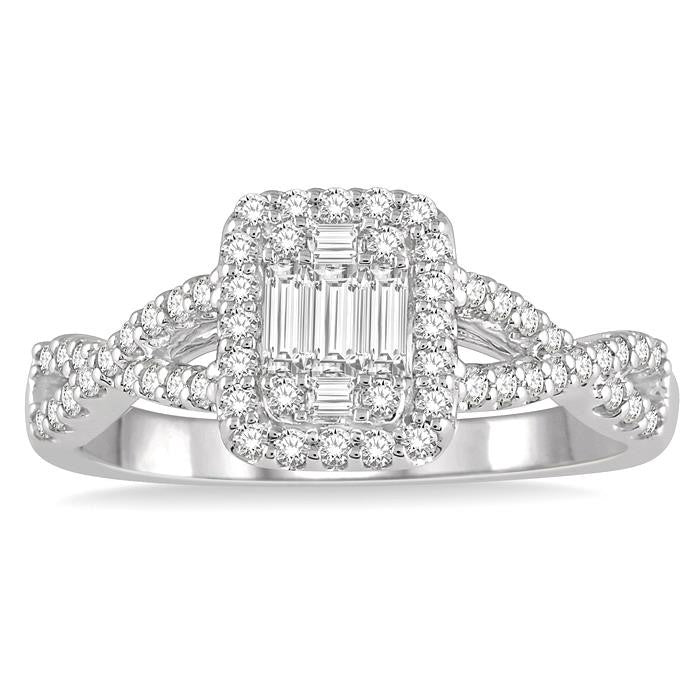 1/2 Ctw Entwined Shank Baguette & Round Cut Fusion Diamond Ring in 14K White Gold