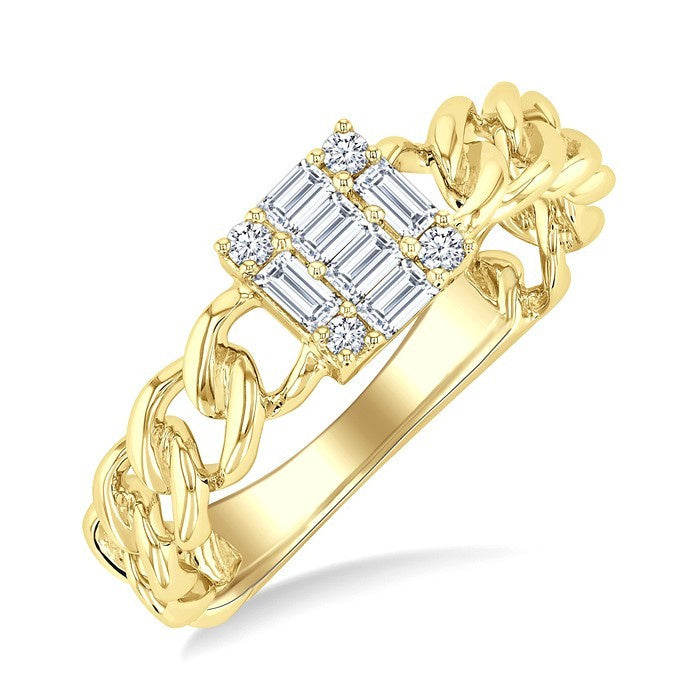 1/4 Ctw Fusion Baguette and Round Cut Diamond Curb & Cuban Link Fashion Ring in 14K Yellow Gold