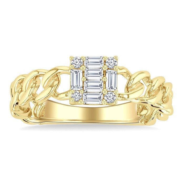 1/4 Ctw Fusion Baguette and Round Cut Diamond Curb & Cuban Link Fashion Ring in 14K Yellow Gold