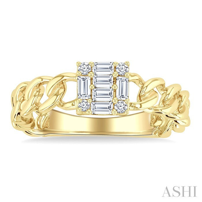 1/4 Ctw Fusion Baguette and Round Cut Diamond Curb & Cuban Link Fashion Ring in 14K Yellow Gold