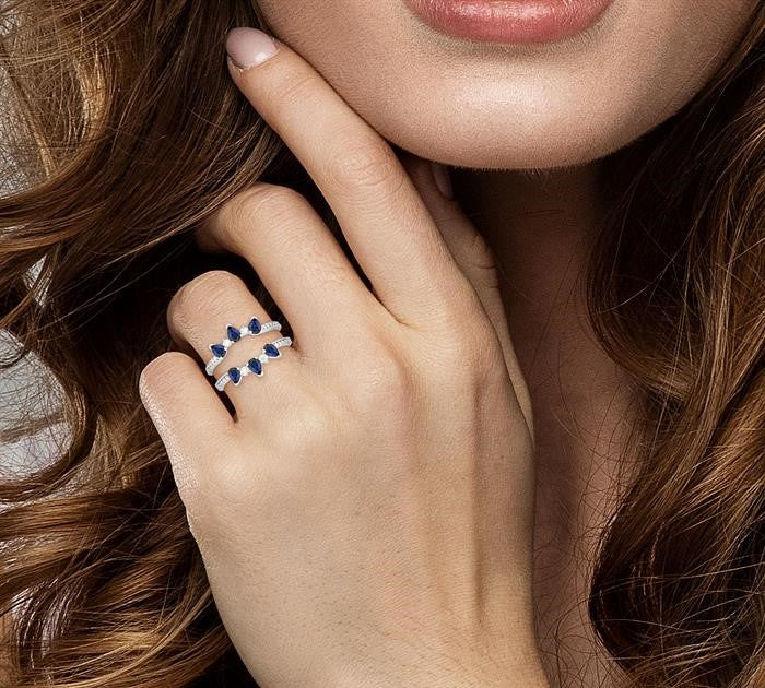 4x3 MM Pear Cut Sapphire and 1/3 Ctw Round Cut Diamond Precious Insert Ring in 14K White Gold