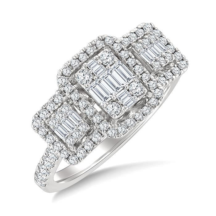 Emerald Shape Past Present & Future Halo Fusion Diamond Engagement Ring