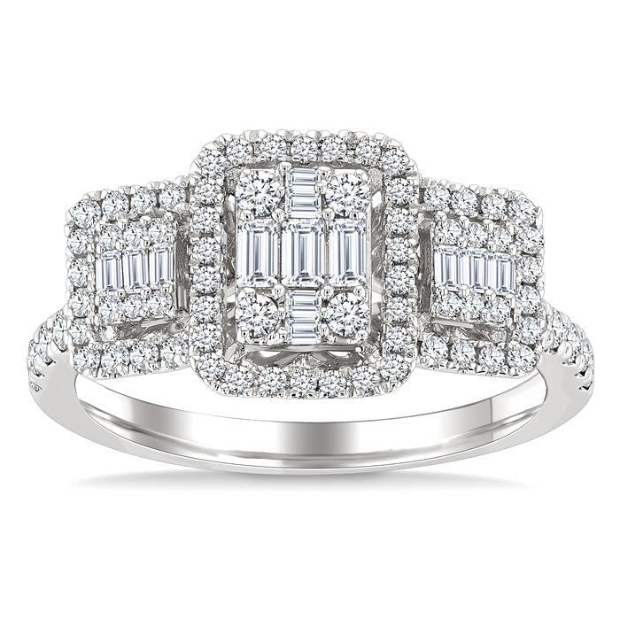 Emerald Shape Past Present & Future Halo Fusion Diamond Engagement Ring