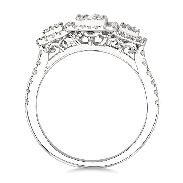 Emerald Shape Past Present & Future Halo Fusion Diamond Engagement Ring