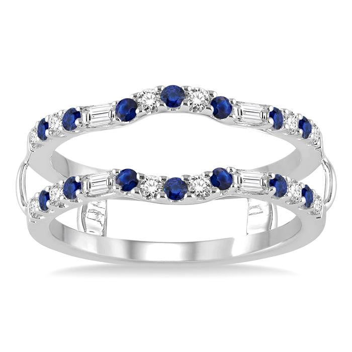1.55 MM Sapphire and 1/3 Ctw Round Cut Diamond & Baguette Precious Insert Ring in 14K White Gold