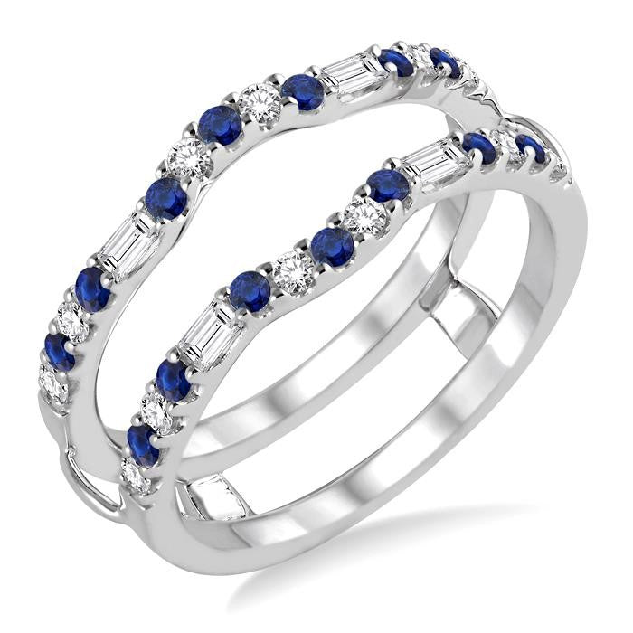 1.55 MM Sapphire and 1/3 Ctw Round Cut Diamond & Baguette Precious Insert Ring in 14K White Gold