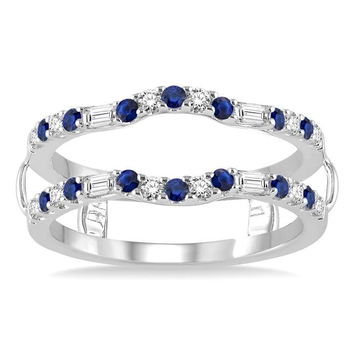 1.55 MM Sapphire and 1/3 Ctw Round Cut Diamond & Baguette Precious Insert Ring in 14K White Gold
