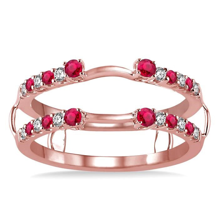 2 MM & 1.5 MM Ruby and 1/5 Ctw Round Cut Diamond Precious Insert Ring in 14K Rose Gold