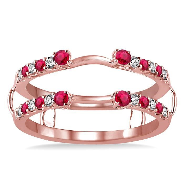 2 MM & 1.5 MM Ruby and 1/5 Ctw Round Cut Diamond Precious Insert Ring in 14K Rose Gold