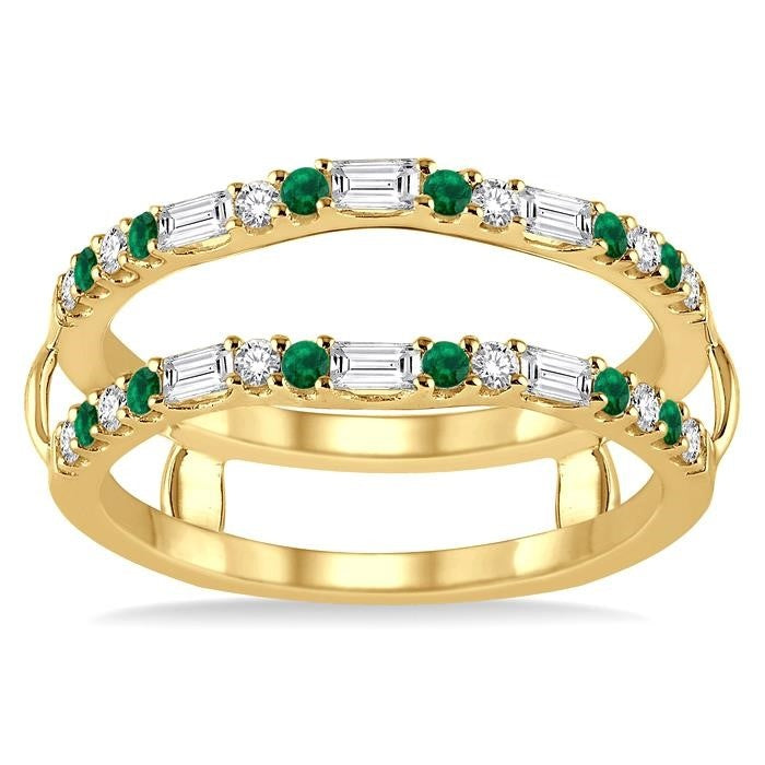 1.5 MM Emerald & 1/3 Ctw Baguette and Round Cut Diamond Insert Precious Ring in 14K Yellow Gold