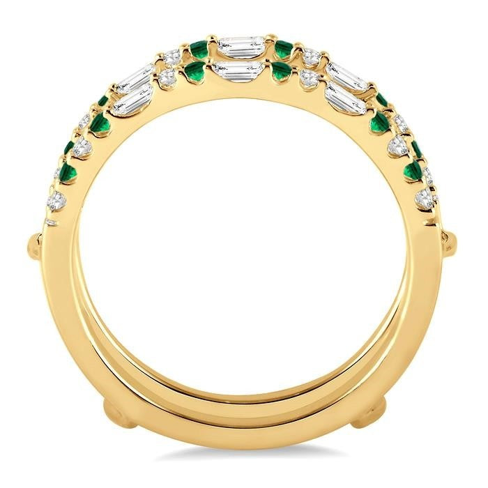 1.5 MM Emerald & 1/3 Ctw Baguette and Round Cut Diamond Insert Precious Ring in 14K Yellow Gold