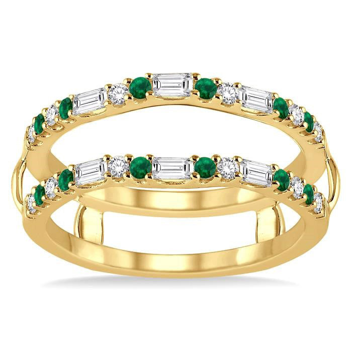 1.5 MM Emerald & 1/3 Ctw Baguette and Round Cut Diamond Insert Precious Ring in 14K Yellow Gold