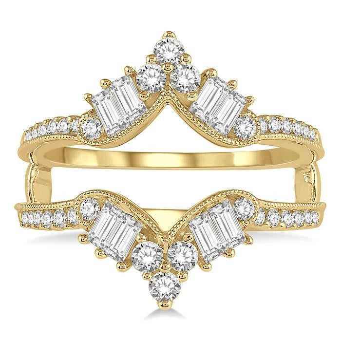 3/4 Ctw Chevron Center Baguette and Round Cut Diamond Insert Ring in 14K Yellow Gold