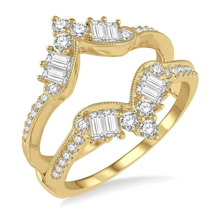 3/4 Ctw Chevron Center Baguette and Round Cut Diamond Insert Ring in 14K Yellow Gold
