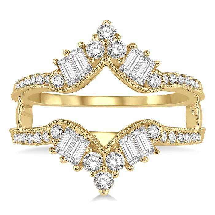 3/4 Ctw Chevron Center Baguette and Round Cut Diamond Insert Ring in 14K Yellow Gold