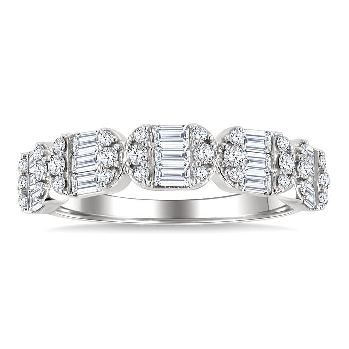 3/4 Ctw Elongated Cushion Mount Link Fusion Baguette and Round Cut Diamond Fashion Band in 14K White Gold