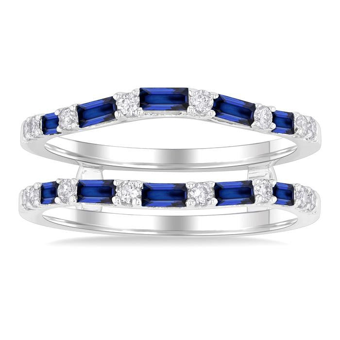 2.1x1.4, 2.9x1.5 & 3.1x1.5 MM Baguette Cut Sapphire and 1/5 Ctw Round Cut Diamond Precious Insert Ring in 14K White Gold