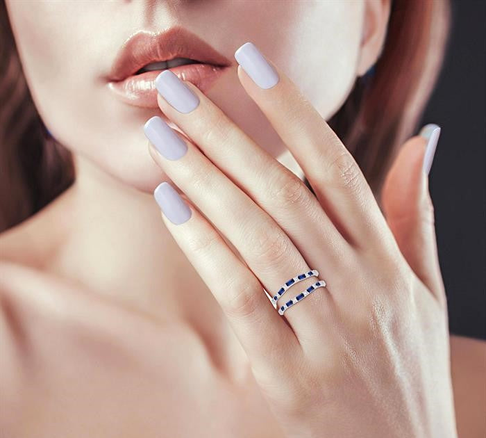 2.1x1.4, 2.9x1.5 & 3.1x1.5 MM Baguette Cut Sapphire and 1/5 Ctw Round Cut Diamond Precious Insert Ring in 14K White Gold