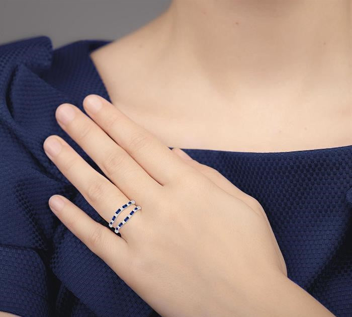 2.1x1.4, 2.9x1.5 & 3.1x1.5 MM Baguette Cut Sapphire and 1/5 Ctw Round Cut Diamond Precious Insert Ring in 14K White Gold