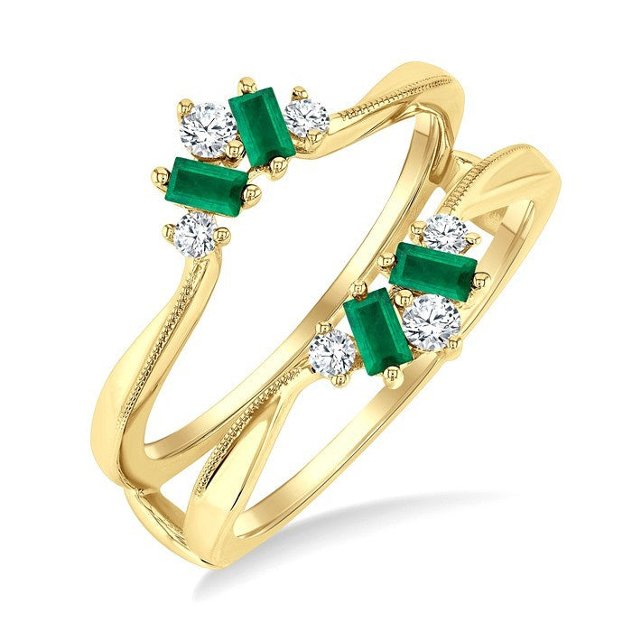 3X1.75 MM Baguette Cut Emerald and 1/6 Ctw Round Cut Diamond Precious Insert Ring in 14K Yellow Gold