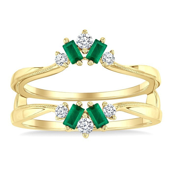 3X1.75 MM Baguette Cut Emerald and 1/6 Ctw Round Cut Diamond Precious Insert Ring in 14K Yellow Gold