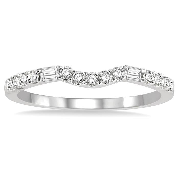 1/4 Ctw Curved Center Baguette and Round Cut Diamond Wedding Band in 14K White Gold