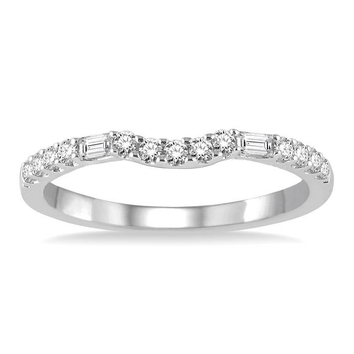 1/4 Ctw Curved Center Baguette and Round Cut Diamond Wedding Band in 14K White Gold
