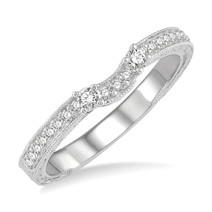 1/5 Ctw Curved Center Foliage Engraved Round Cut Diamond Wedding Band in 14K White Gold