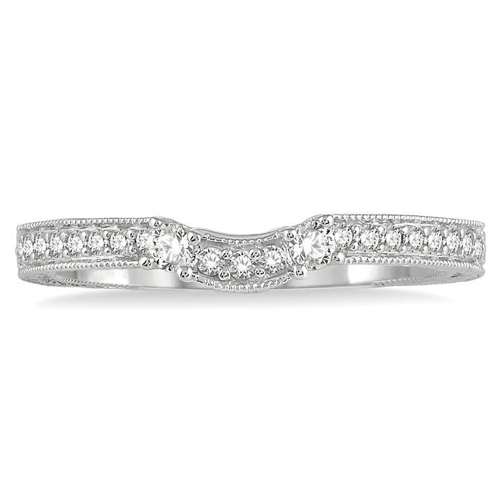 1/5 Ctw Curved Center Foliage Engraved Round Cut Diamond Wedding Band in 14K White Gold