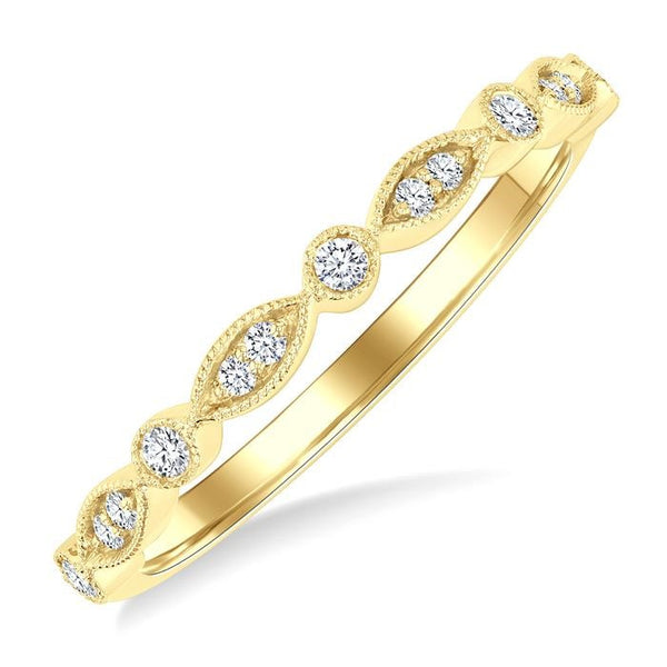1/10 Ctw Marquise and Circular Motif Carved Round Cut Diamond Stackable Wedding Band in 14K Yellow Gold